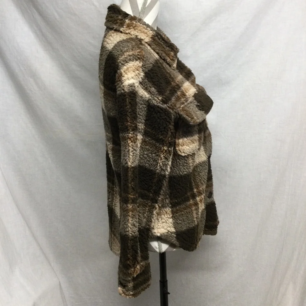 Almost Famous Womens Plaid Sherpa Shacket Button-Up Jacket in Brown & Cream Sz M - Picture 6 of 11